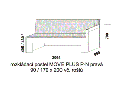 Rozkládací postel Move Plus P-N pravá, lamino, rozměry část 1 Rozkládací postel Move Plus P-N pravá - složená. Rozměrový nákres. Provedení LTD. Do postelí lze použít systém matrací sedák a opěrák nebo 3-dílnou matraci.