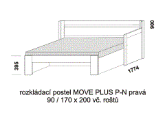 Rozkládací postel Move Plus P-N pravá, lamino, rozměry část 2 Rozkládací postel Move Plus P-N pravá - rozložená. Rozměrový nákres. Provedení LTD. Do postelí lze použít systém matrací sedák a opěrák nebo 3-dílnou matraci.