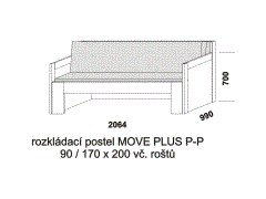 Rozkládací postel Move Plus P-P, lamino, rozměry část 1 Rozkládací postel Move Plus P-P - složená. Rozměrový nákres. Provedení LTD. Do postelí lze použít systém matrací sedák a opěrák nebo 3-dílnou matraci.