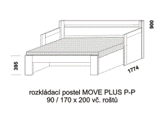 Rozkládací postel Move Plus P-P, lamino, rozměry část 2 Rozkládací postel Move Plus P-P - rozložená. Rozměrový nákres. Provedení LTD. Do postelí lze použít systém matrací sedák a opěrák nebo 3-dílnou matraci.