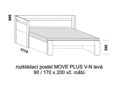 Rozkládací postel Move Plus V-N levá, lamino, rozměry část 2 Rozkládací postel Move Plus V-N levá - rozložená. Rozměrový nákres. Provedení LTD. Do postelí lze použít systém matrací sedák a opěrák nebo 3-dílnou matraci.