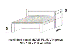 Rozkládací postel Move Plus V-N pravá, lamino, rozměry část 2 Rozkládací postel Move Plus V-N pravá - rozložená. Rozměrový nákres. Provedení LTD. Do postelí lze použít systém matrací sedák a opěrák nebo 3-dílnou matraci.