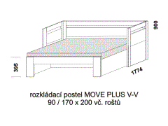 Rozkládací postel Move Plus V-V, lamino, rozměry část 2 Rozkládací postel Move Plus V-V - rozložená. Rozměrový nákres. Provedení LTD. Do postelí lze použít systém matrací sedák a opěrák nebo 3-dílnou matraci.