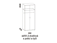Skříň dvířková, s policí a tyčí, dýha, lamino, rozměry Skříň 2-dveřová s policí a tyčí, dýha, lamino - rozměrový nákres. Kvalitní zpracování. Různé druhy barevných odstínů. Český výrobek.