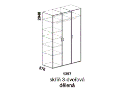 Skříň dvířková, dělená, dýha, lamino, rozměry Skříň 3-dveřová dělená, dýha, lamino - rozměrový nákres. Kvalitní zpracování. Různé druhy barevných odstínů. Český výrobek.