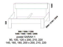 Postel Sarah 1, lamino, čalouněné čelo, rozměry Postel Sarah 1, provedení lamino - rozměrový nákres. Čalouněné čelo. Široká nabídka čalounění zadního čela postele. Vysoká kvalita. Česká výroba.