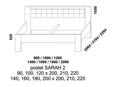 Postel Sarah 2, lamino, čalouněné čelo, rozměry Postel Sarah 2, provedení lamino - rozměrový nákres. Čalouněné čelo. Široká nabídka čalounění zadního čela postele. Vysoká kvalita. Český výrobek.