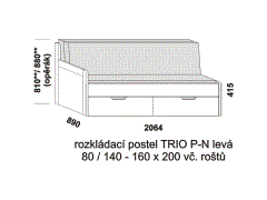 Rozkládací postel Trio P-N, šíře 80, levá, lamino, rozměry část 1 Rozkládací postel Trio P-N levá - složená, lamino. Šíře 80 cm. Rozměrový nákres. Do postelí lze použít systém matrací sedák a opěrák nebo 3-dílnou matraci.