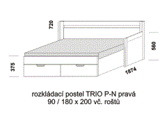 Rozkládací postel Trio P-N, šíře 90, pravá, lamino, rozměry část 2 Rozkládací postel Trio P-N pravá - rozložená, lamino. Šíře 90 cm. Rozměrový nákres. Do postelí lze použít systém matrací sedák a opěrák nebo 3-dílnou matraci.
