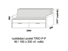 Rozkládací postel Trio P-P, šíře 90, lamino, rozměry část 1 Rozkládací postel Trio P-P - složená. Šíře 90 cm. Rozměrový nákres. Provedení: LTD. Do postelí lze použít systém matrací sedák a opěrák nebo 3-dílnou matraci.