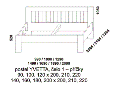 Postel Yvetta, příčkové čelo, lamino, rozměry Postel Yvetta, provedení lamino - rozměrový nákres. Čelo příčky. Česká výroba. Kvalitní postel. Široká nabídka barevných dezénů.